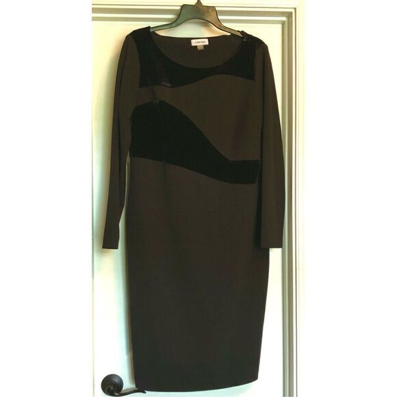 CALVIN KLEIN - NWOT - L Sz 14 Long Sleeve Solid Sheath Midi Dress/Velvet Detail - Picture 4 of 15